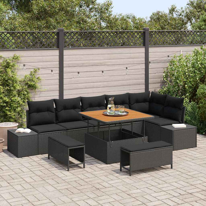 Havesofa Sæt med pude 9 pcs Sort polyrattan