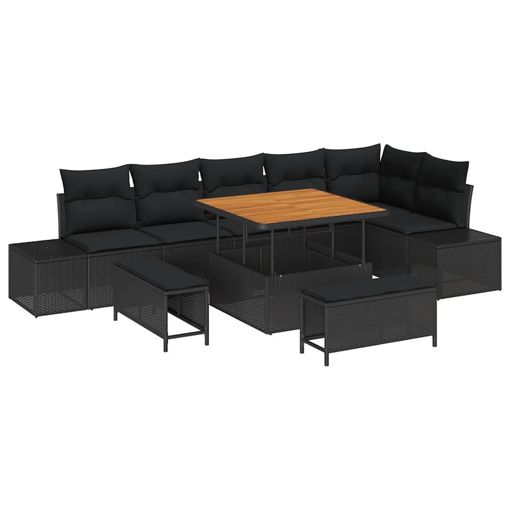 Havesofa Sæt med pude 9 pcs Sort polyrattan