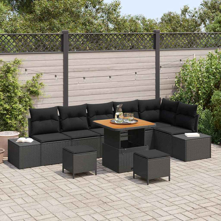Havesofa Sæt med pude 9 pcs Sort polyrattan