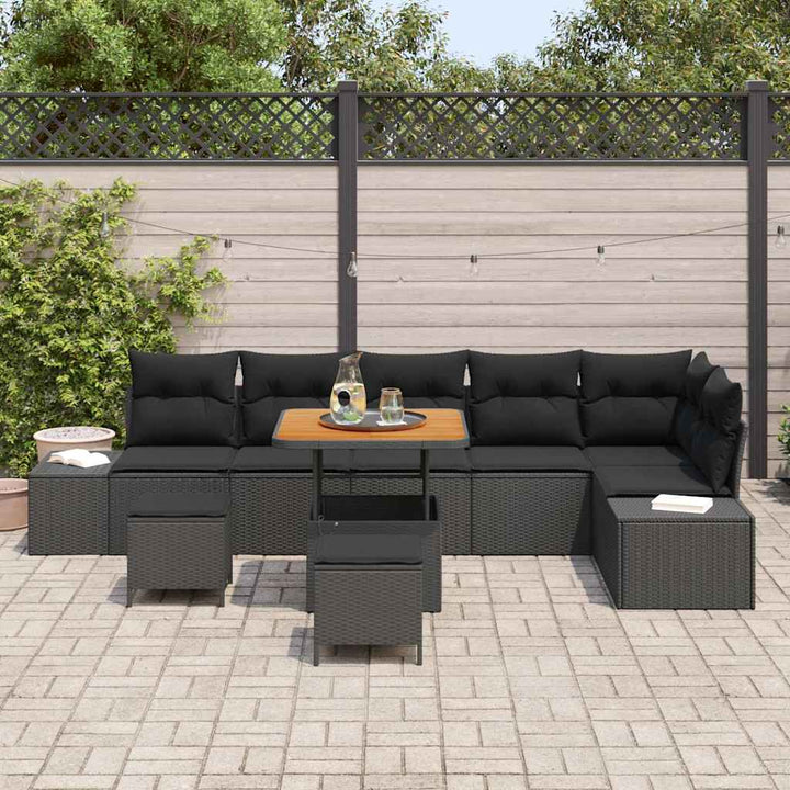 Havesofa Sæt med pude 9 pcs Sort polyrattan
