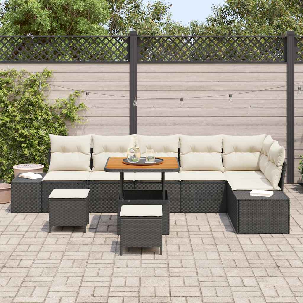 Havesofa Sæt med pude 9 pcs Sort polyrattan