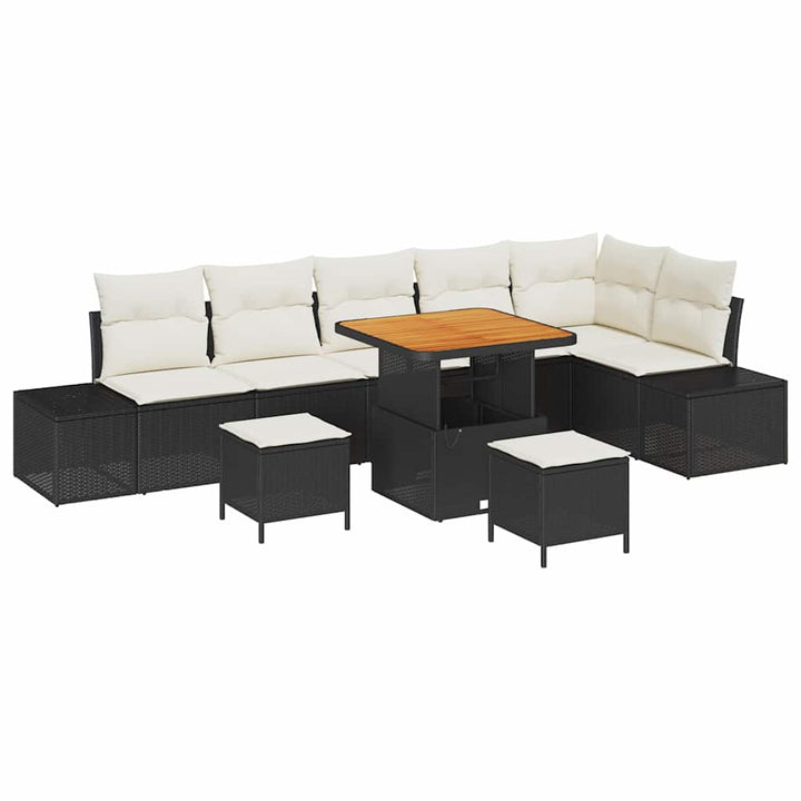 Havesofa Sæt med pude 9 pcs Sort polyrattan