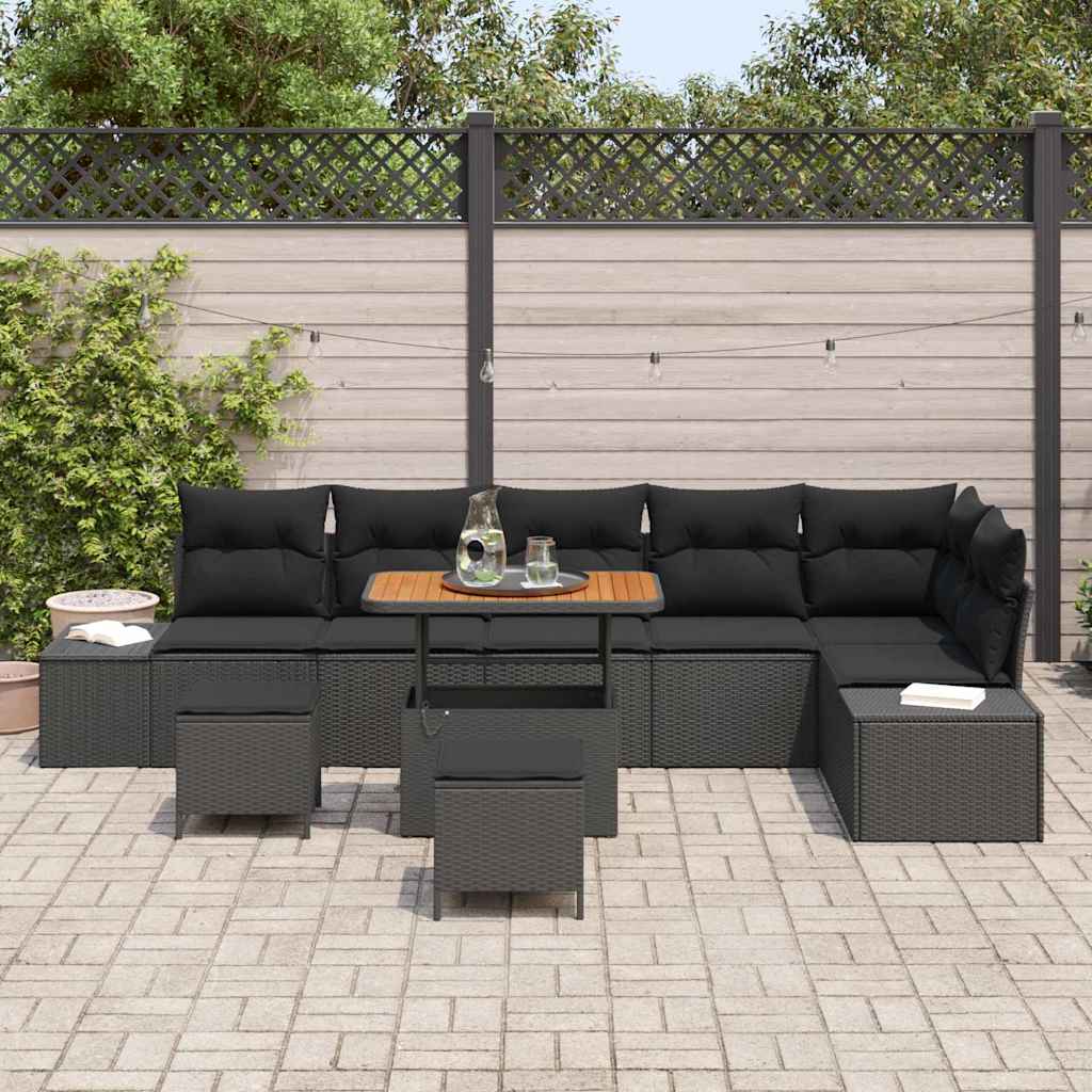 Havesofa Sæt med pude 9 pcs Sort polyrattan
