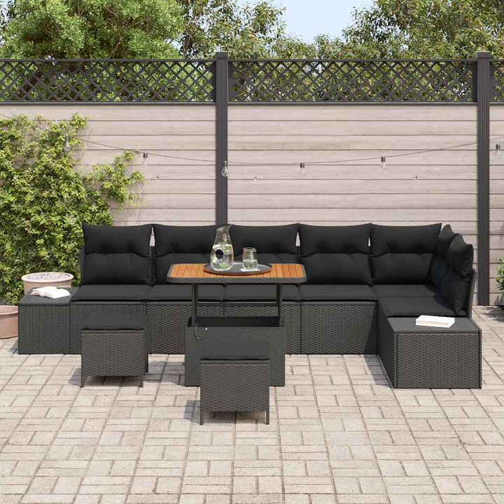 Havesofa Sæt med pude 9 pcs Sort polyrattan