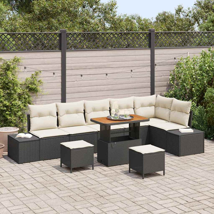 Havesofa Sæt med pude 9 pcs Sort polyrattan