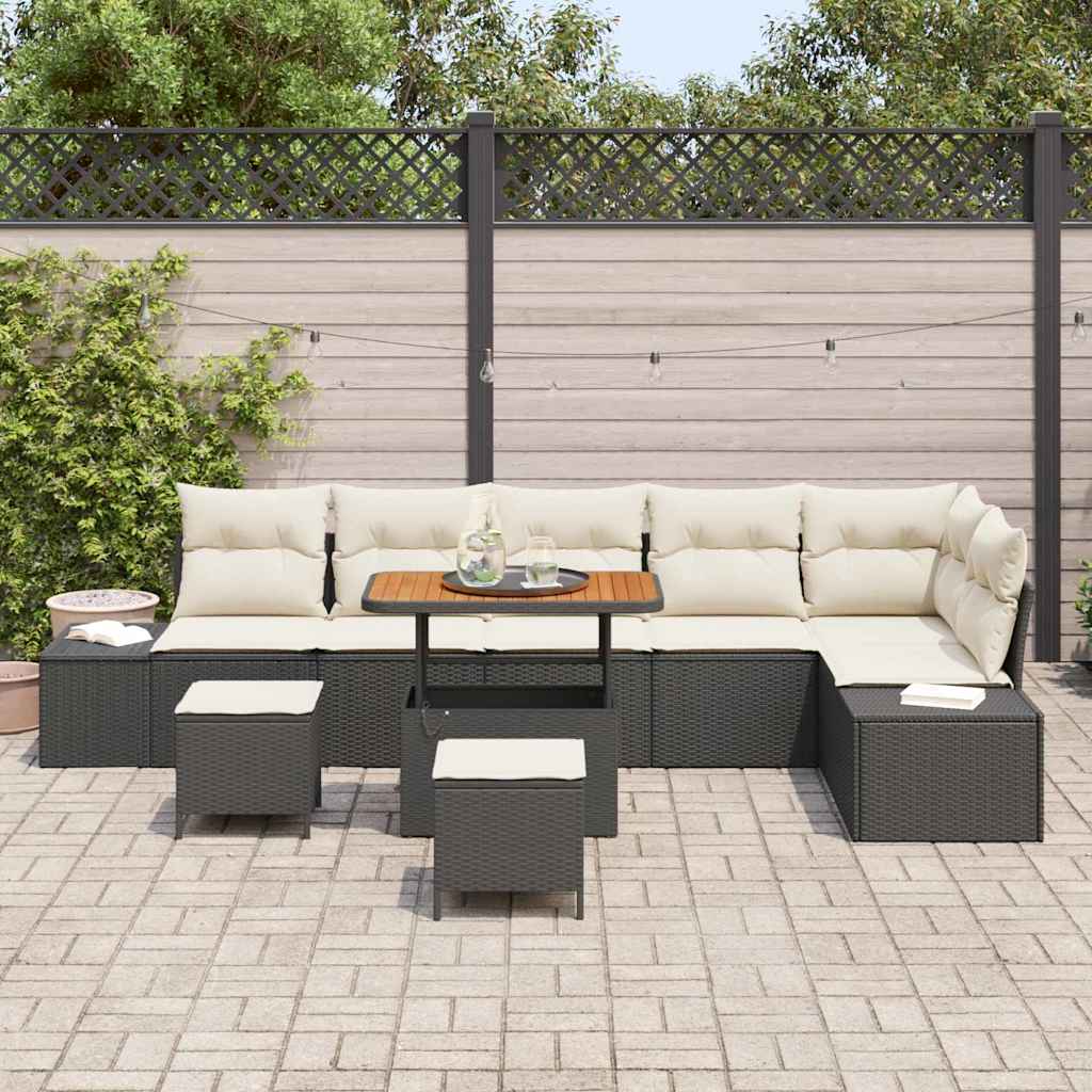 Havesofa Sæt med pude 9 pcs Sort polyrattan