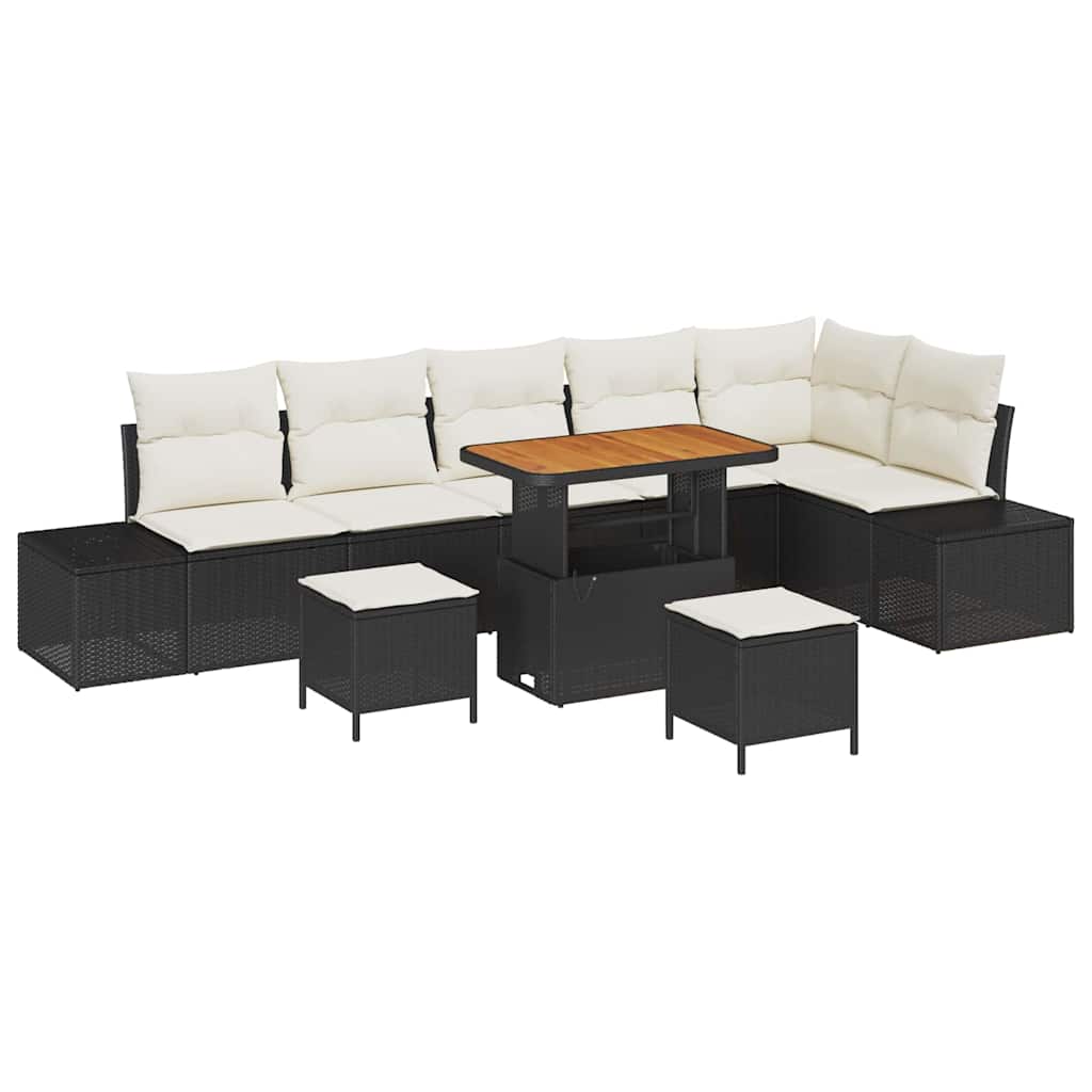 Havesofa Sæt med pude 9 pcs Sort polyrattan