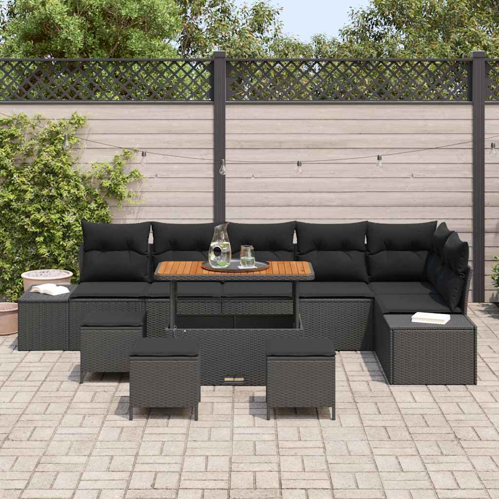 Havesofa Sæt med pude 10 pcs Sort polyrattan
