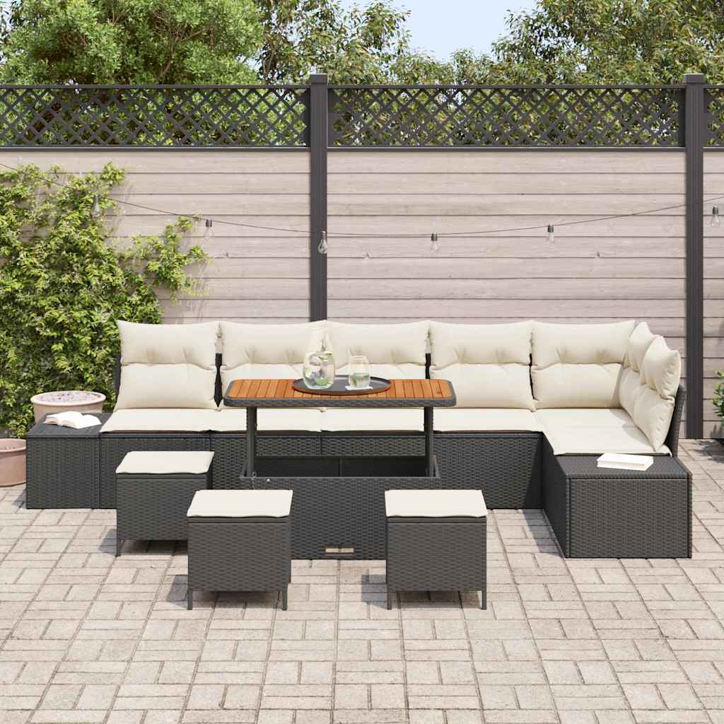 Havesofa Sæt med pude 10 pcs Sort polyrattan