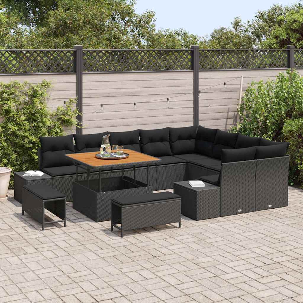 Havesofa Sæt med pude 12 pcs Sort polyrattan