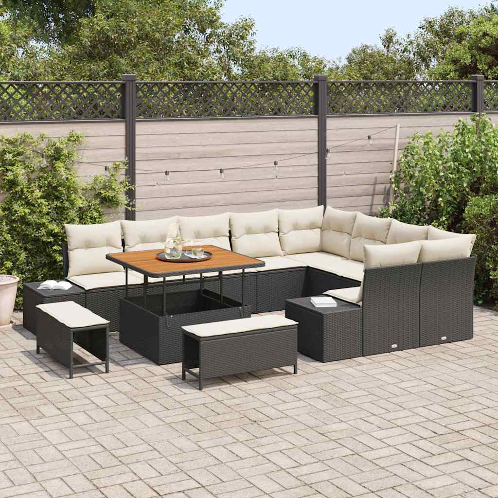 Havesofa Sæt med pude 12 pcs Sort polyrattan
