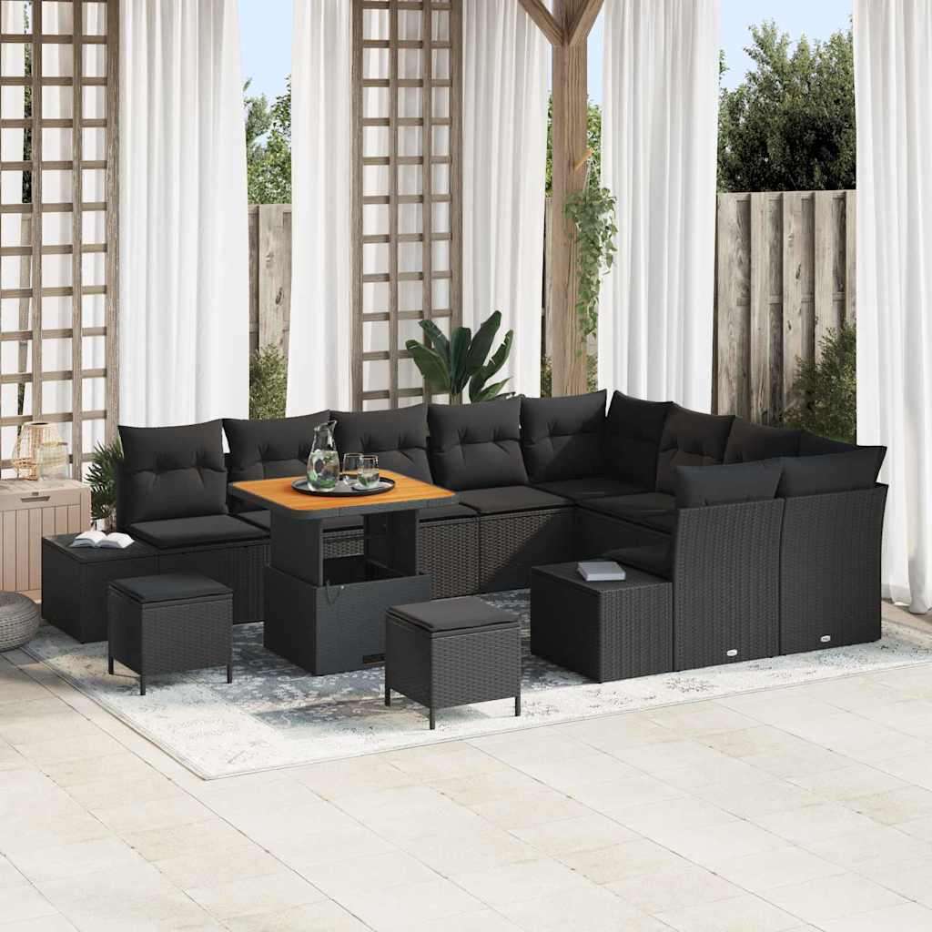 Havesofa Sæt med pude 12 pcs Sort polyrattan