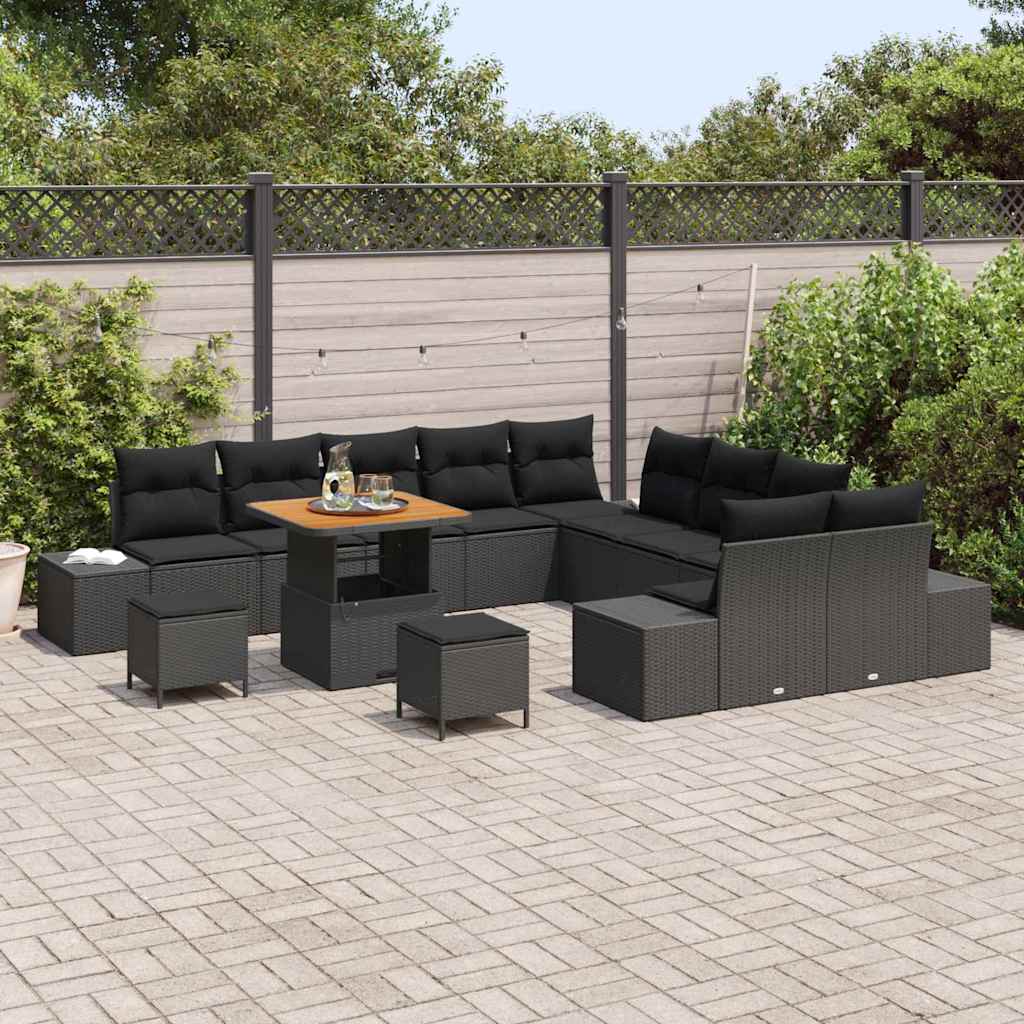 Havesofa Sæt med pude 13 pcs Sort polyrattan