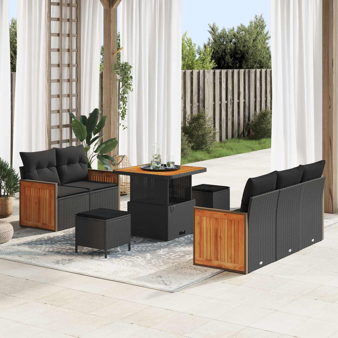 Havesofa Sæt 8 pcs Sort Poly Rattan og pulverlakeret stål