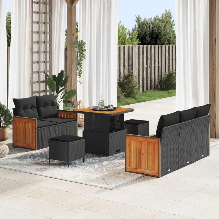 Havesofa Sæt 8 pcs Sort Poly Rattan og pulverlakeret stål