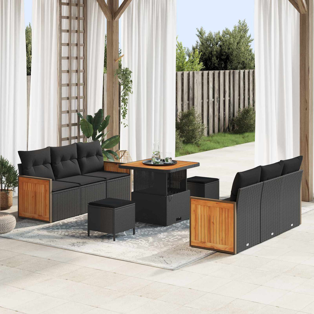 Havesofa Sæt 9 pcs Sort Poly Rattan og pulverlakeret stål