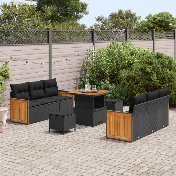 Havesofa Sæt 9 pcs Sort Poly Rattan og pulverlakeret stål