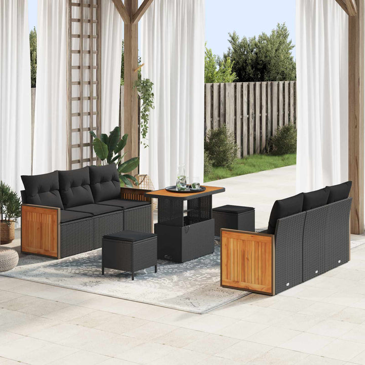 Havesofa Sæt 9 pcs Sort Poly Rattan og pulverlakeret stål