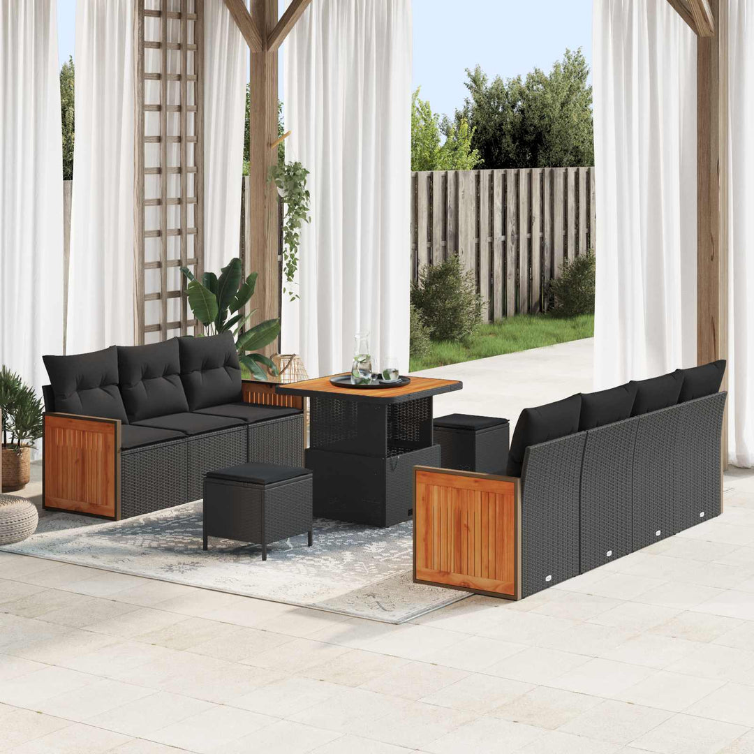 Havesofa Sæt 10 pcs Sort Poly Rattan og pulverlakeret stål