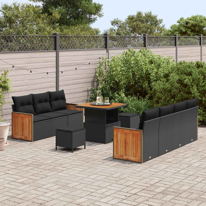 Havesofa Sæt 10 pcs Sort Poly Rattan og pulverlakeret stål