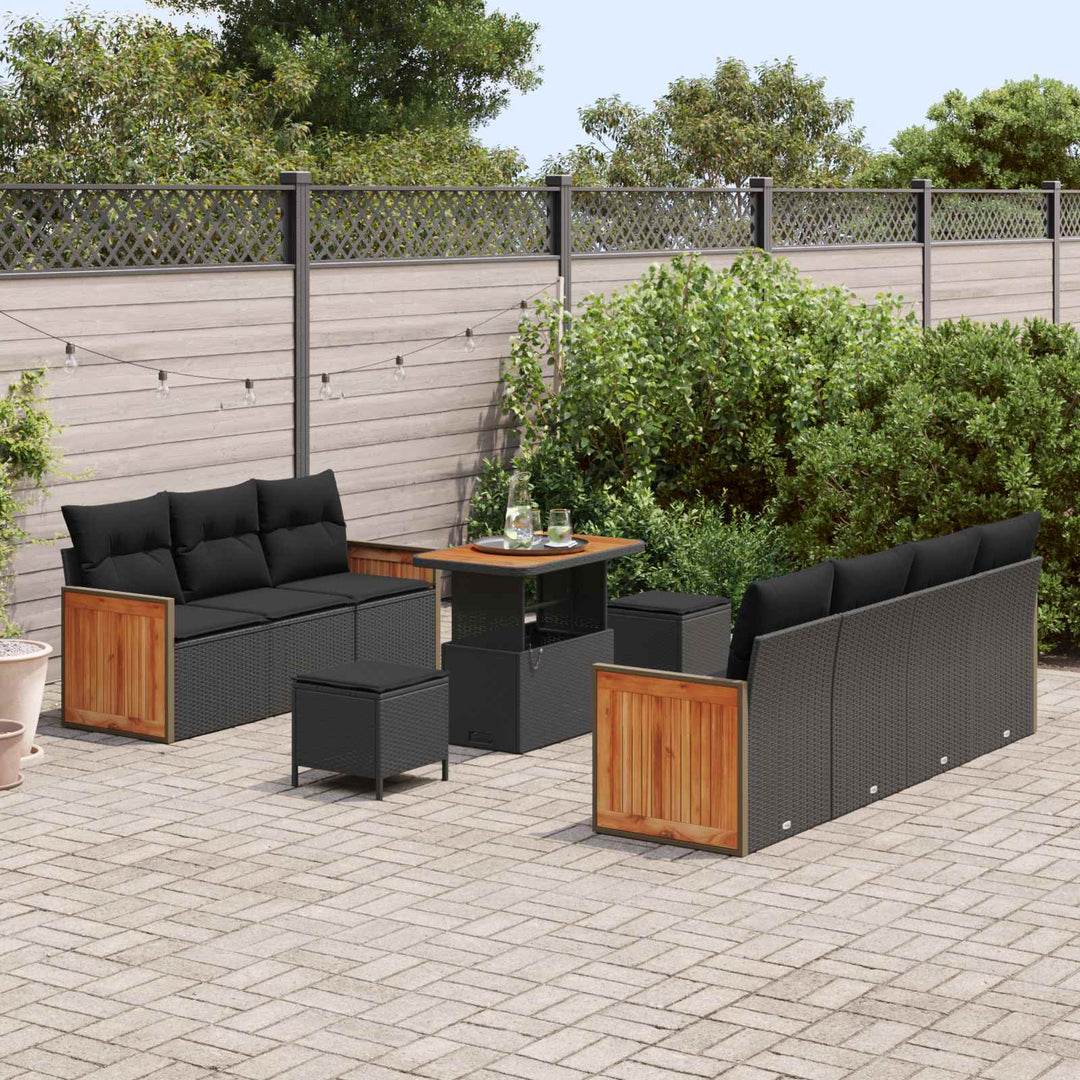 Havesofa Sæt 10 pcs Sort Poly Rattan og pulverlakeret stål