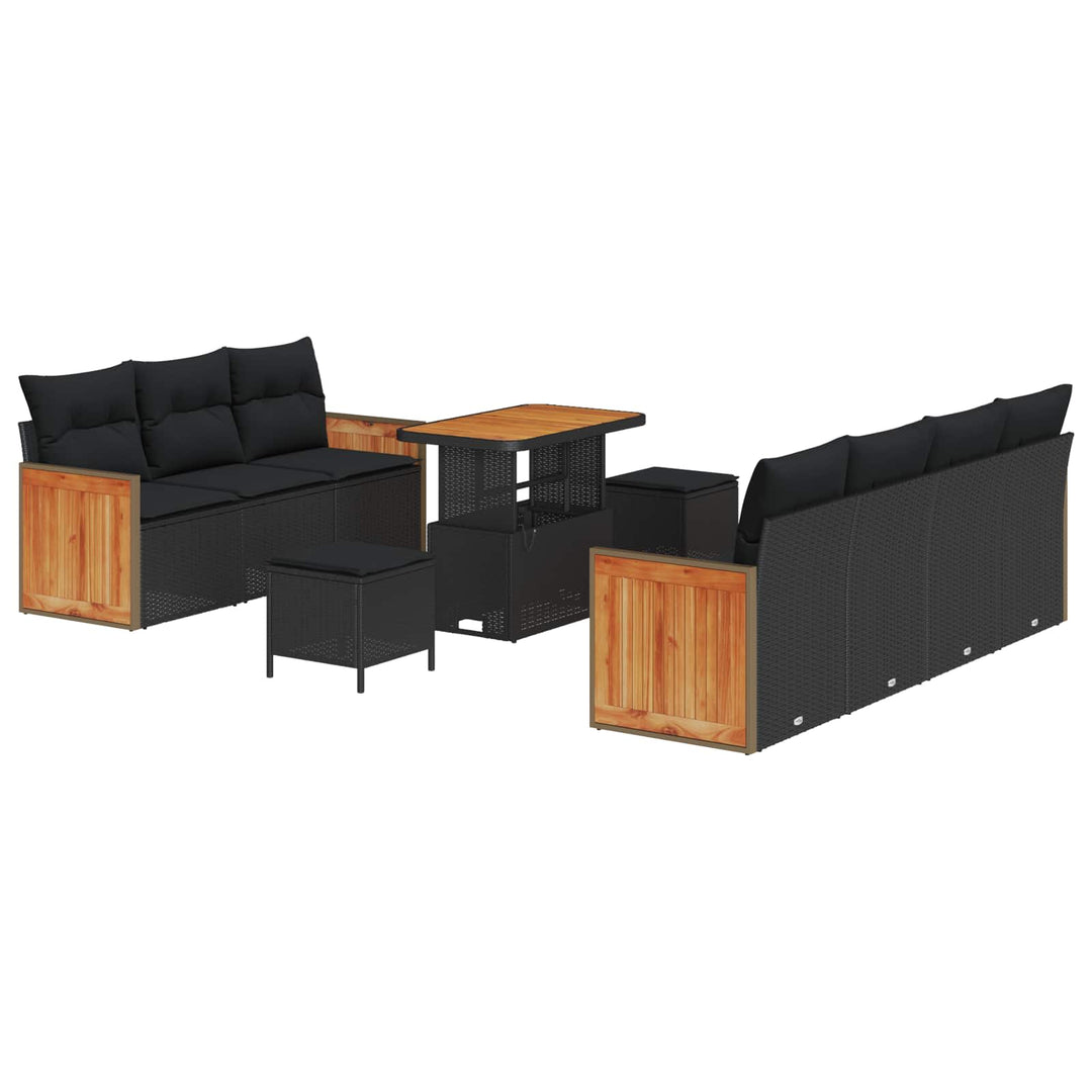 Havesofa Sæt 10 pcs Sort Poly Rattan og pulverlakeret stål