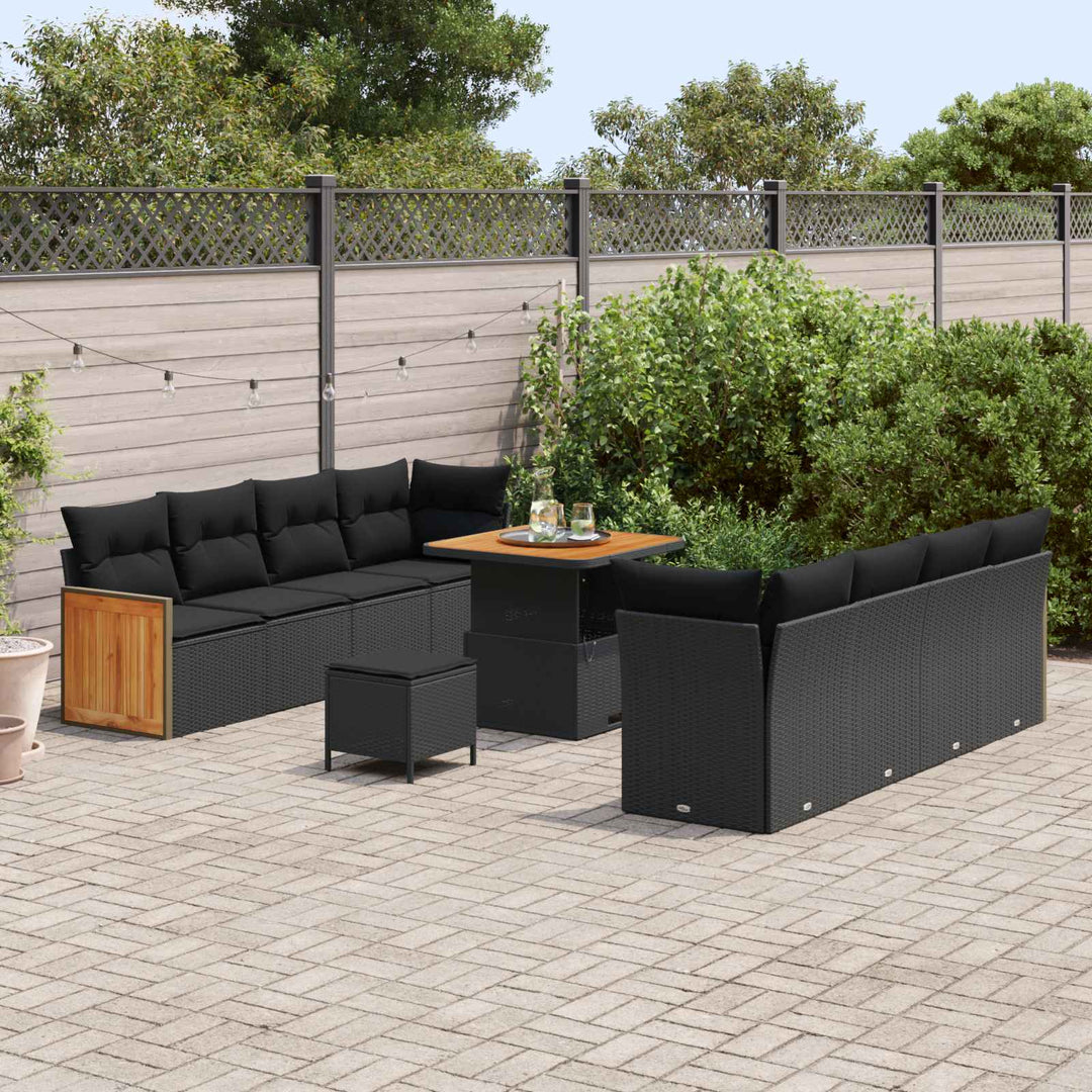 Havesofa Sæt 11 pcs Sort Poly Rattan og pulverlakeret stål
