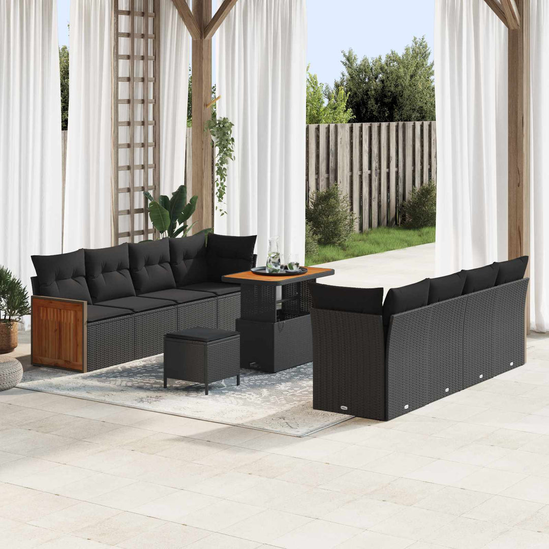 Havesofa Sæt 11 pcs Sort Poly Rattan og pulverlakeret stål