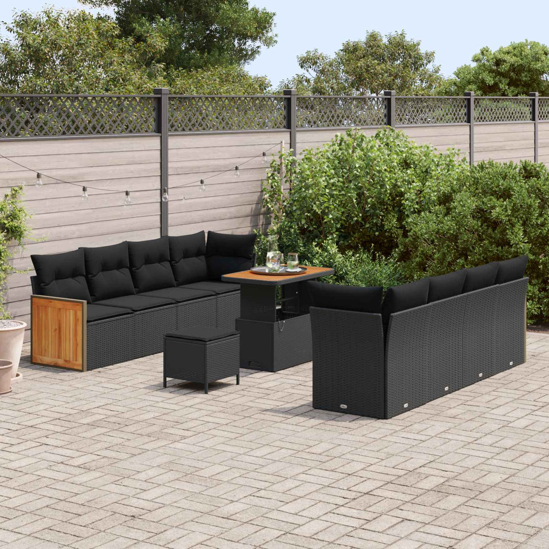 Havesofa Sæt 11 pcs Sort Poly Rattan og pulverlakeret stål