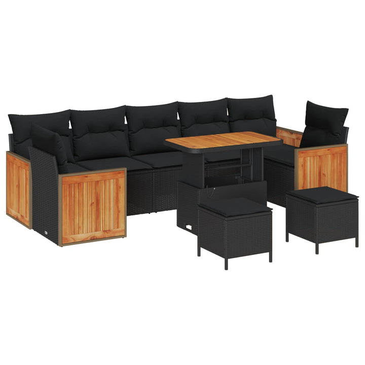Havesofa Sæt 10 pcs Sort Poly Rattan og pulverlakeret stål