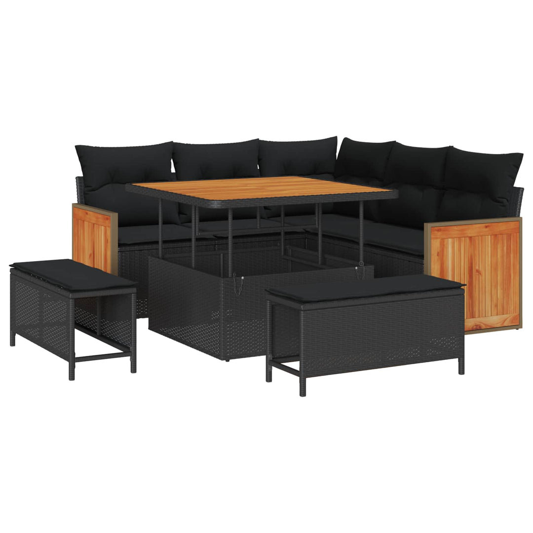 Havesofa Sæt 8 pcs Sort Poly Rattan og pulverlakeret stål