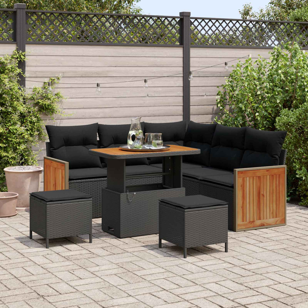 Havesofa Sæt 8 pcs Sort Poly Rattan og pulverlakeret stål