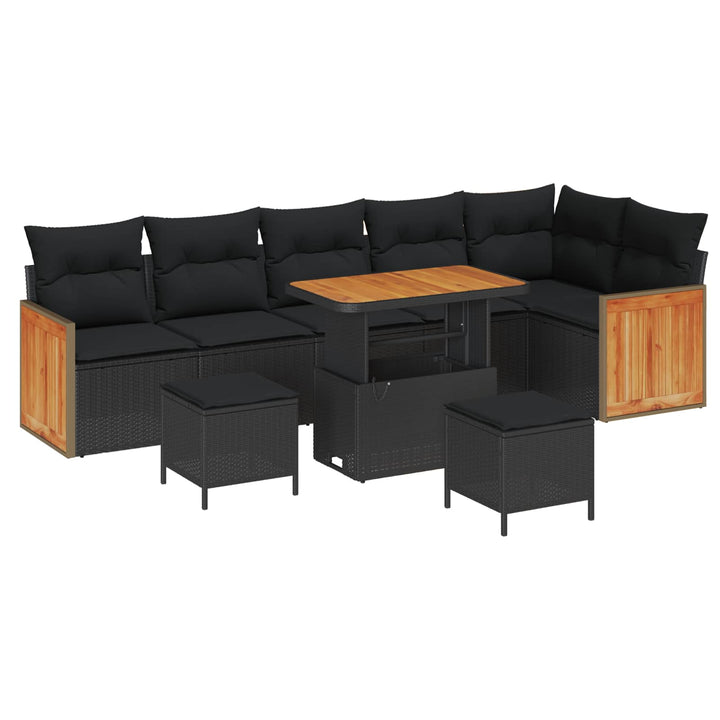 Havesofa Sæt 9 pcs Sort Poly Rattan og pulverlakeret stål