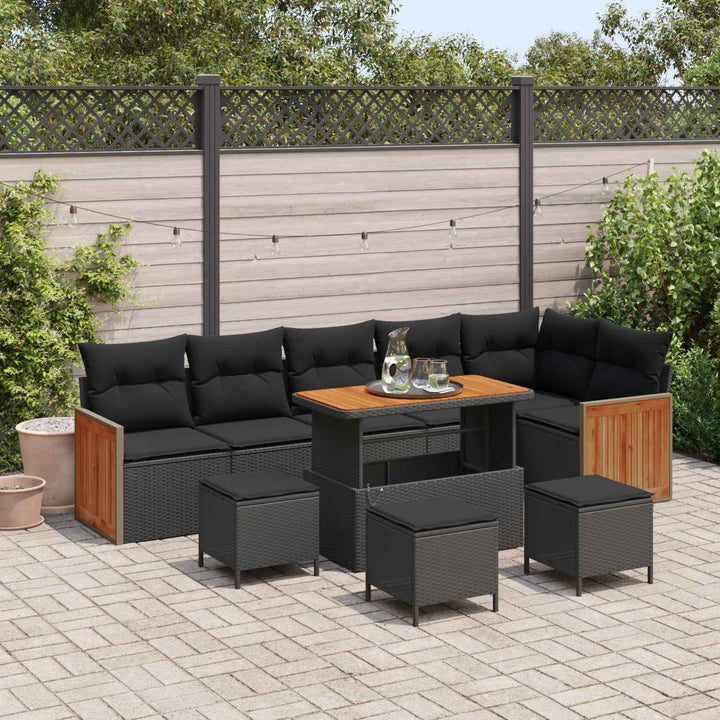 Havesofa Sæt 10 pcs Sort Poly Rattan og pulverlakeret stål