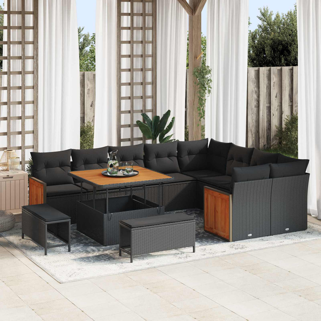 Havesofa Sæt 12 pcs Sort Poly Rattan og pulverlakeret stål