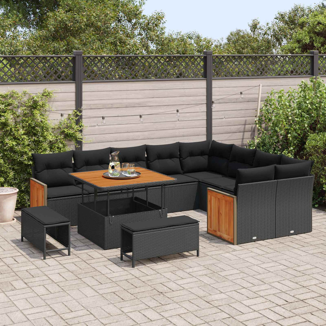 Havesofa Sæt 12 pcs Sort Poly Rattan og pulverlakeret stål