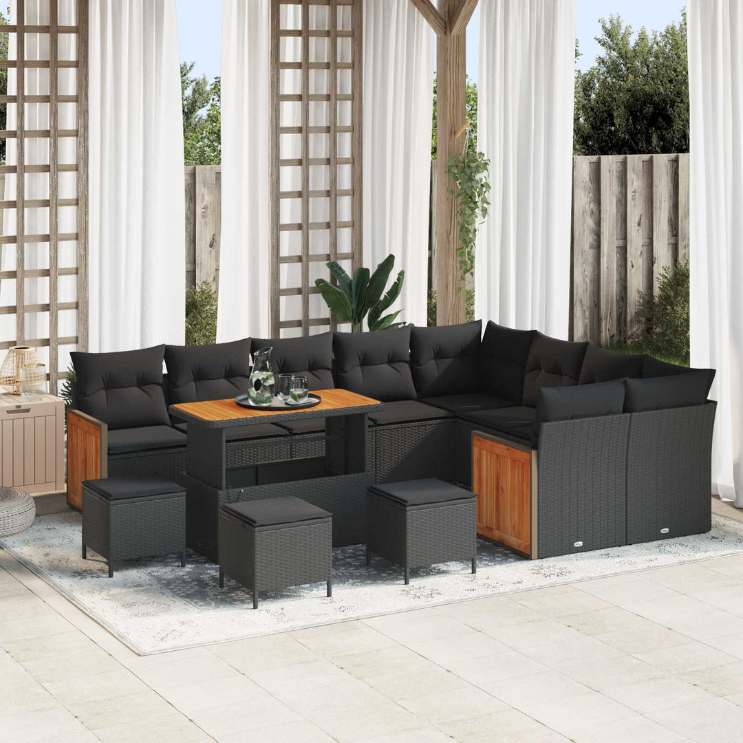 Havesofa Sæt 13 pcs Sort Poly Rattan og pulverlakeret stål