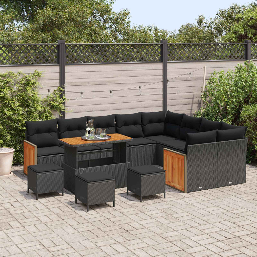 Havesofa Sæt 13 pcs Sort Poly Rattan og pulverlakeret stål