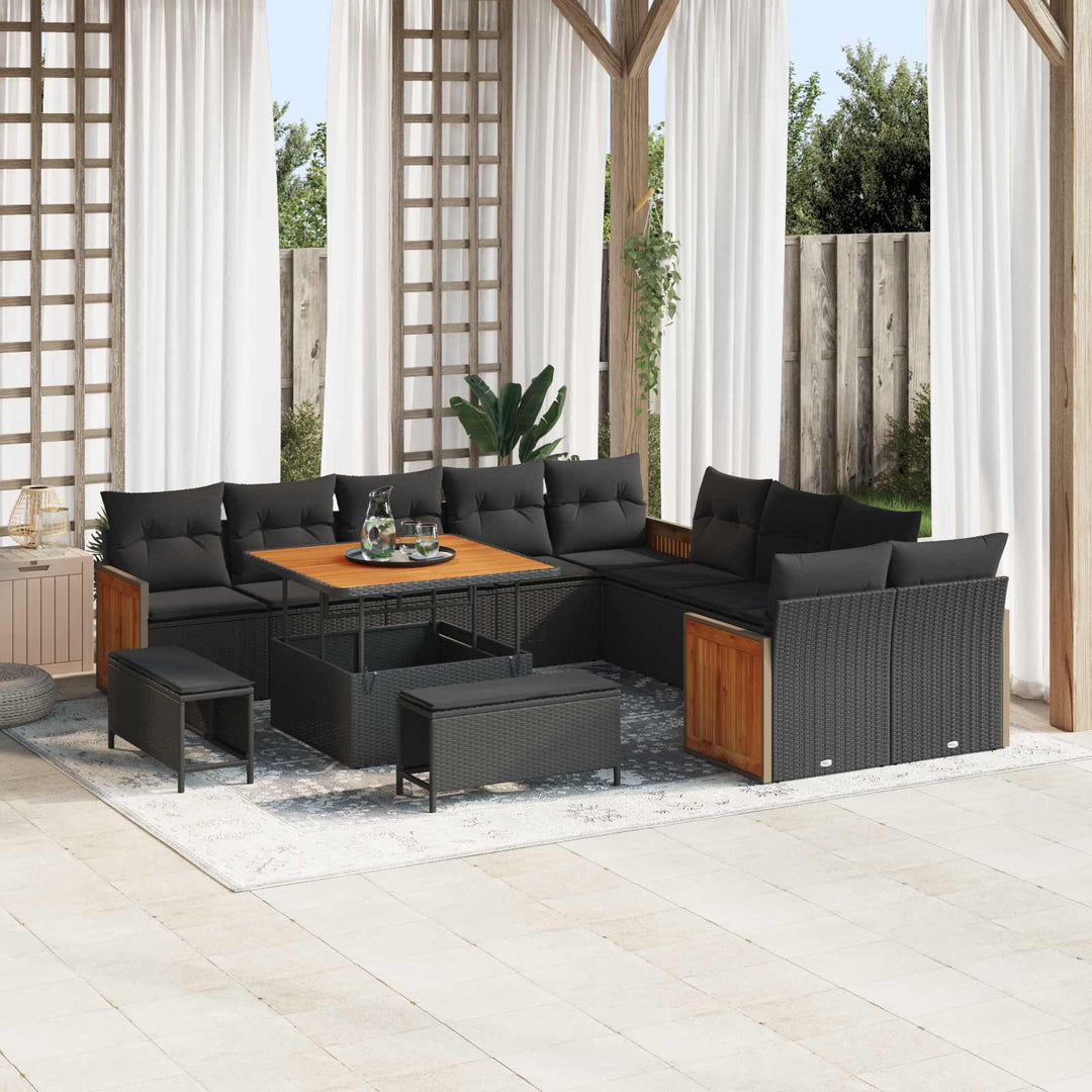 Havesofa Sæt 13 pcs Sort Poly Rattan og pulverlakeret stål