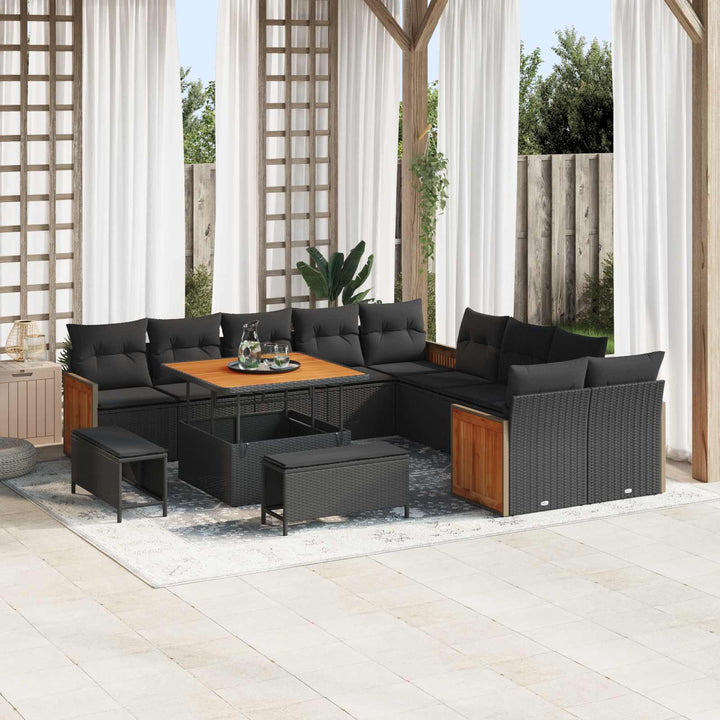 Havesofa Sæt 13 pcs Sort Poly Rattan og pulverlakeret stål