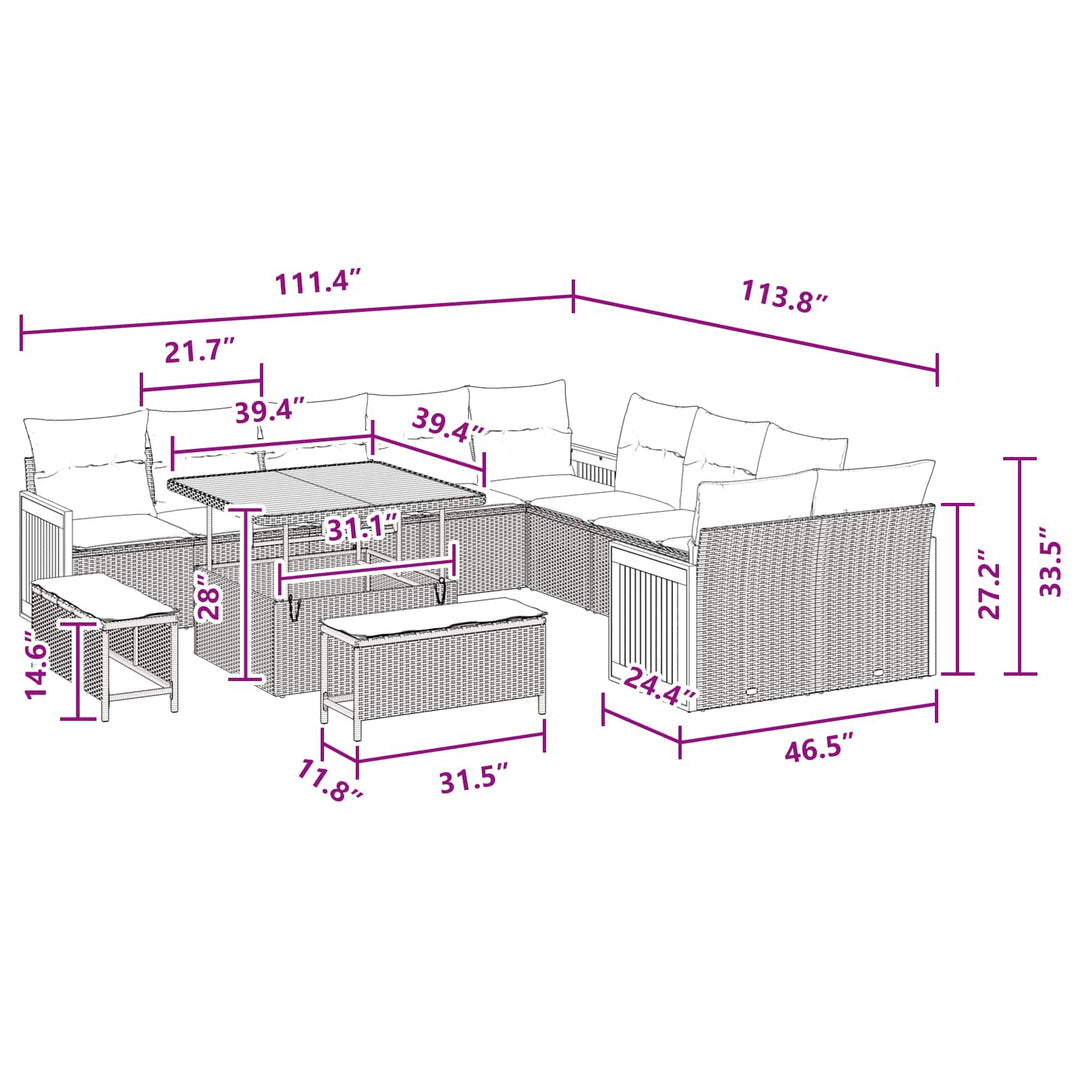 Havesofa Sæt 13 pcs Sort Poly Rattan og pulverlakeret stål