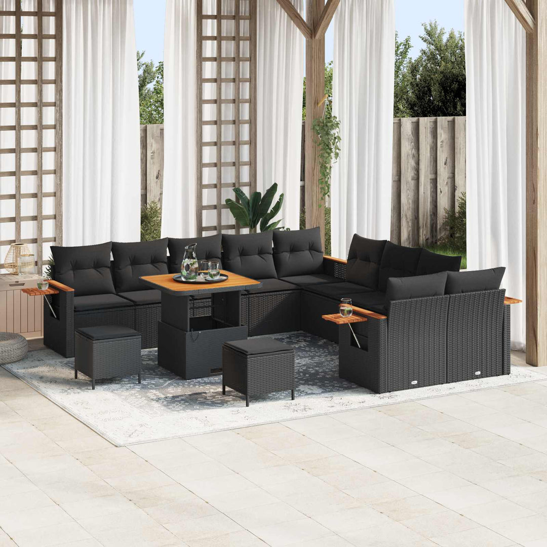 Havesofa Sæt 13 pcs Sort Poly Rattan og pulverlakeret stål