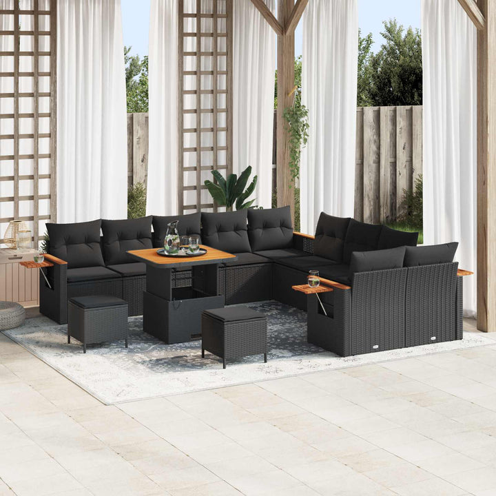 Havesofa Sæt 13 pcs Sort Poly Rattan og pulverlakeret stål