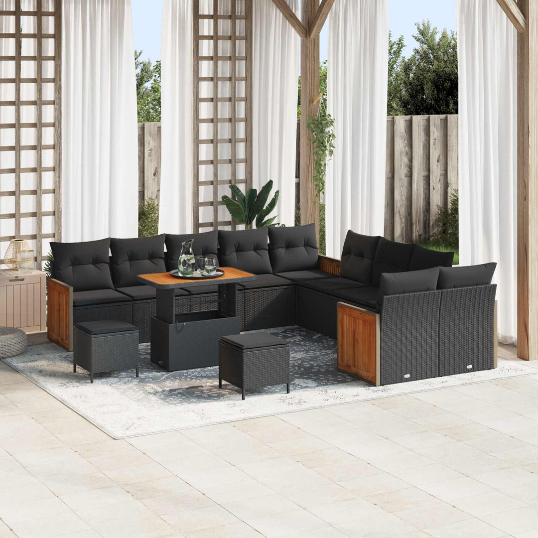 Havesofa Sæt 13 pcs Sort Poly Rattan og pulverlakeret stål
