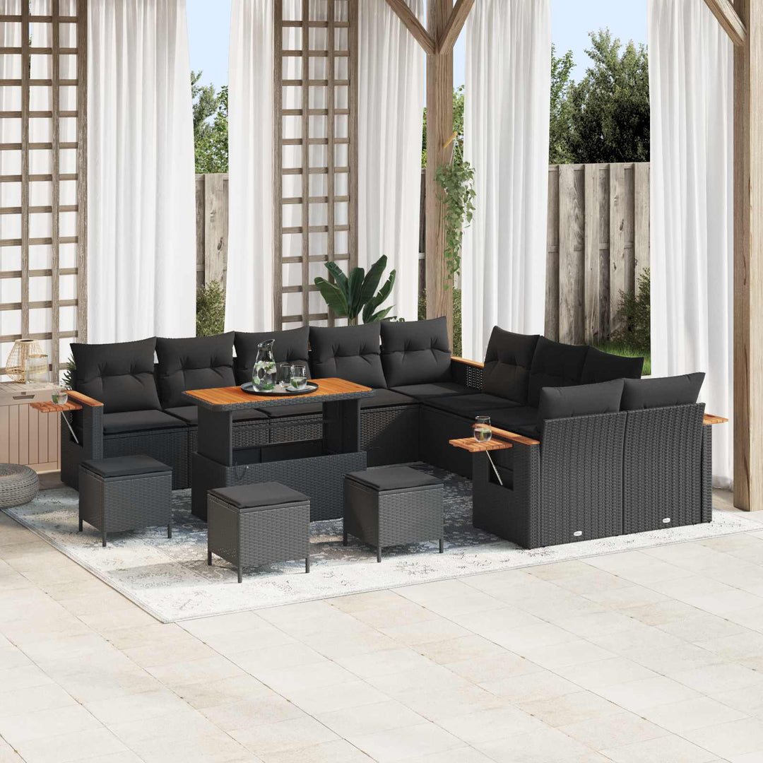 Havesofa Sæt 14 pcs Sort Poly Rattan og pulverlakeret stål