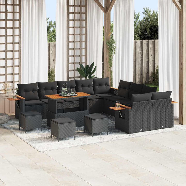 Havesofa Sæt 14 pcs Sort Poly Rattan og pulverlakeret stål