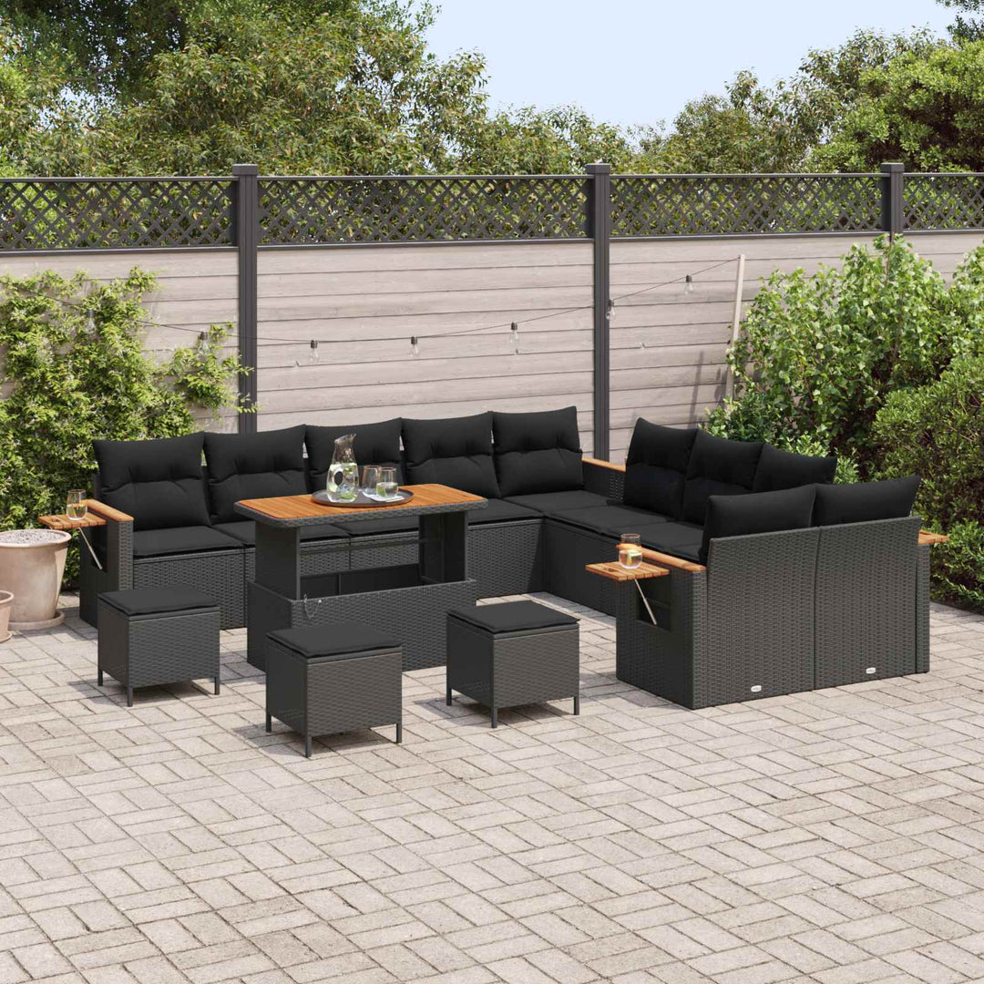 Havesofa Sæt 14 pcs Sort Poly Rattan og pulverlakeret stål