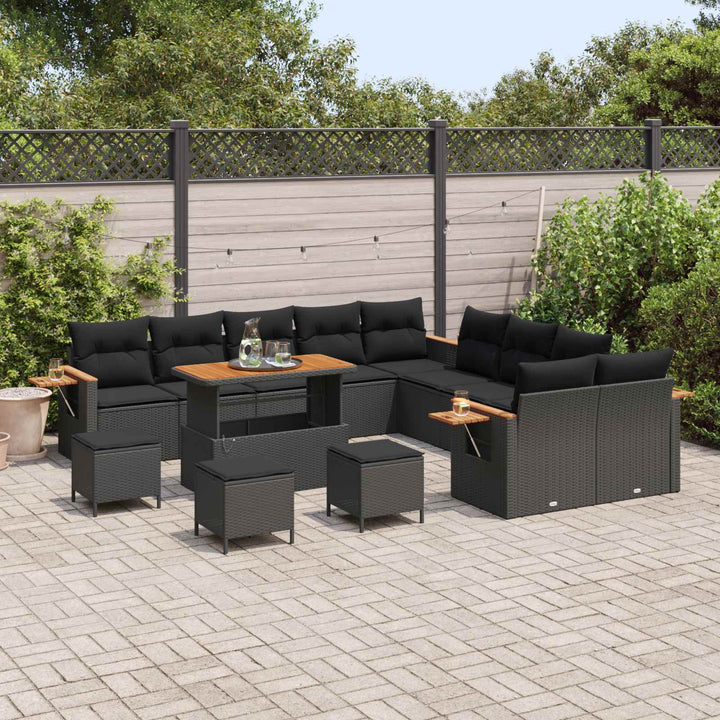 Havesofa Sæt 14 pcs Sort Poly Rattan og pulverlakeret stål