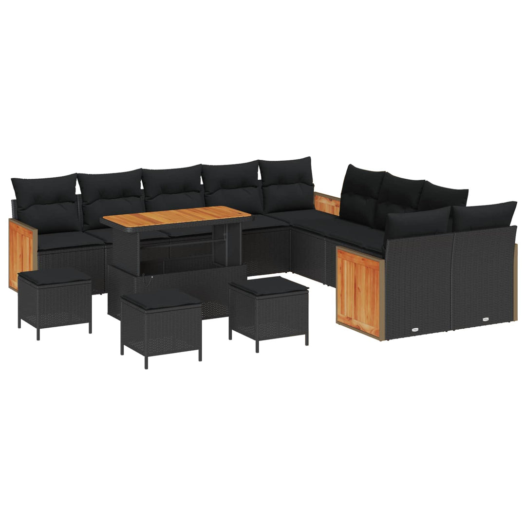 Havesofa Sæt 14 pcs Sort Poly Rattan og pulverlakeret stål