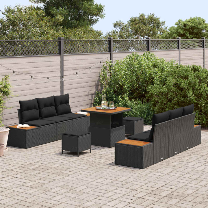 Havesofa Sæt 9 pcs Sort Poly Rattan og Pulverlakeret Stål